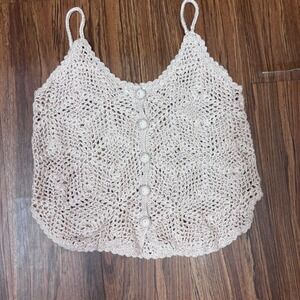 Say What Crochet Knit Boho Cottagecore Cami Top Pink Lace Trim Button Front XS